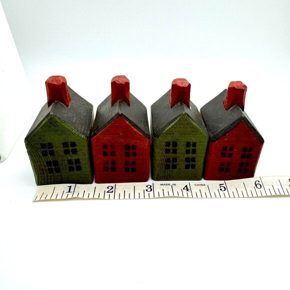 Primitive NOEL Wood House Blocks Holiday Decor Set Of 4 Vintage Red Green Gift - Picture 3 of 6